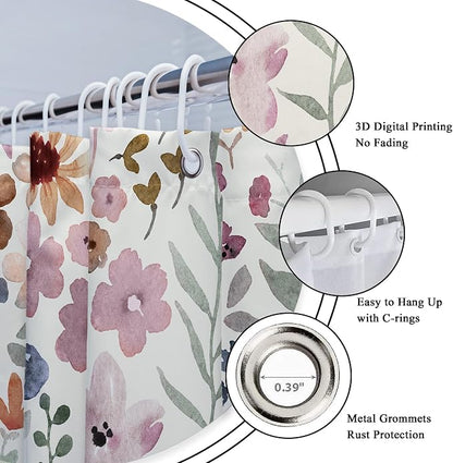 Extra Long Cute Boho Wildflower Watercolor Kids Bathroom Shower Curtain Set | 72"W x 84"H Leaves Girls; waterproof HD print, quick-dry fabric with 12 hooks for easy hanging.