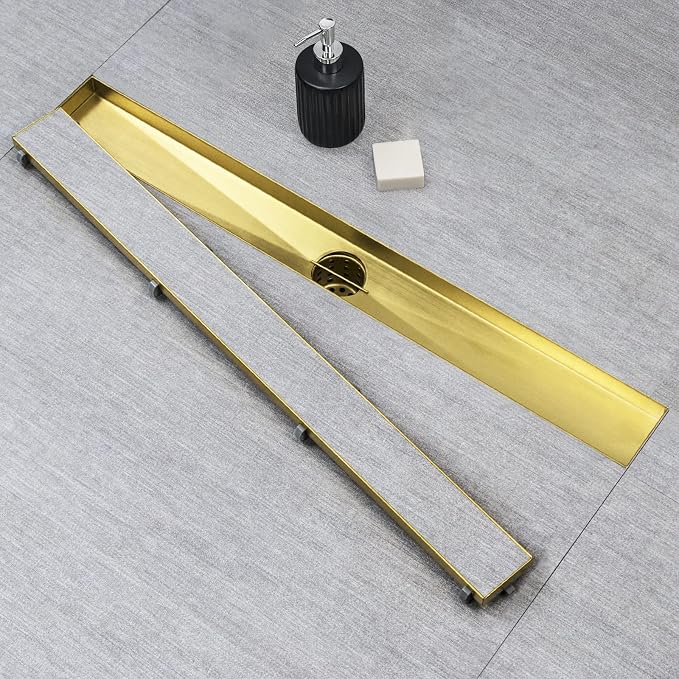 SaniteModar Linear Shower Drain 24 inch Brushed Gold with Tile Insert Panel | AISI 304 Stainless Steel Brushed Gold Linear Dain Rectangle Shower Floor Drain with Hair Strainer and Leveling Feet