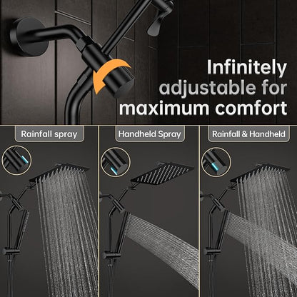 Veken 10" Luxurious All Metal Rain Shower Head with Handheld Spray Combo, High Pressure Rainfall Square Shower Heads with Extension Arm, Wide Dual Showerhead, Bathroom Accessories, Matte Black