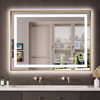 48"X36" LED Bathroom Mirror with Front Lit and Backlit(Brushed Gold) | Metal Framed Mirror, Stepless Dimmable, Anti-Fog, HD Reflection, Shatter-Proof, Memory, 3 Colors, Double LED Vanity Mirror.