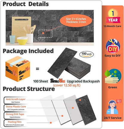 StyloVue 100 Pieces Peel and Stick Backsplash for Kitchen, 3" x 6" PVC Subway Tile 2026 Upgraded Graphite Stone Backsplash Stick on Tile Elevate Kitchen Fireplace RV