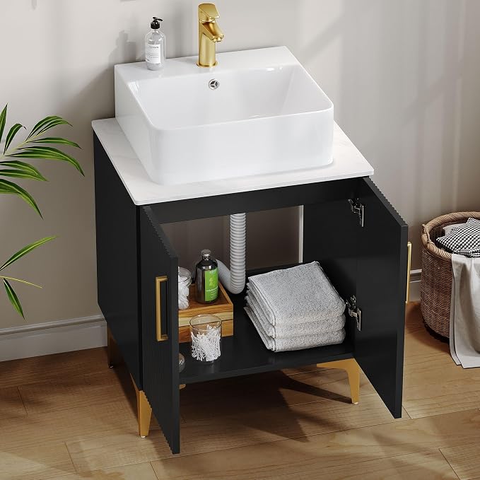 DWVO Bathroom Vanity 24 Inch with Counter Top Sink Combo | Modern Bathroom Storage Vanity Cabinet Set Included 2 Large Soft Closing Doors, Drain, Gold Handles & Legs, Black