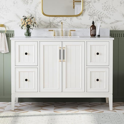 48 Inch Bathroom Vanity with Sink, Fully Assembled Solid Wood Bathroom Vanities with Engineered Stone Top, 48 Inch Modern Vanity, 2 Soft Closing Doors & 4 Dovetail Drawers, White