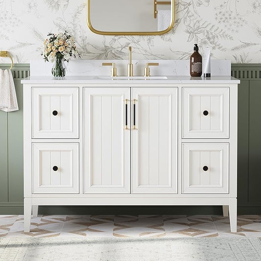 48 Inch Bathroom Vanity with Sink, Fully Assembled Solid Wood Bathroom Vanities with Engineered Stone Top, 48 Inch Modern Vanity, 2 Soft Closing Doors & 4 Dovetail Drawers, White