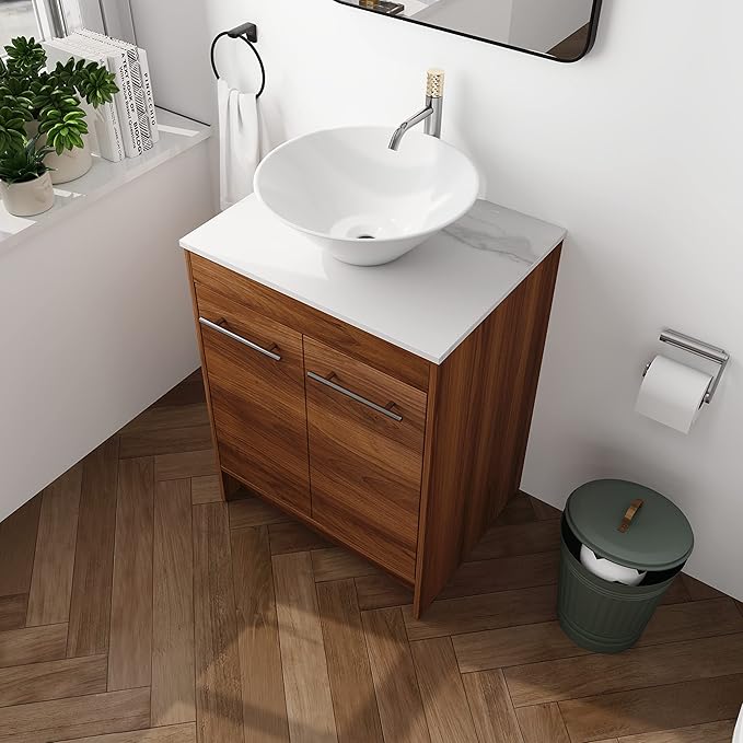 24" Bathroom Vanity, 24 Inch Freestanding Vanity with Ceramic Vessel Sink, Modern Single Sink Bathroom Vanity Combo, Brown Floor Standing Storage Cabinet Set(BRE217, 24 * 18)