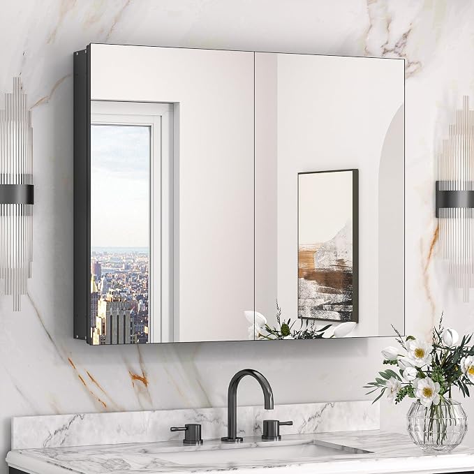 Keonjinn Black Medicine Cabinet with Mirror 30x26 Inch, Adjustable Shelves | Assembly Required, Lightweight Aluminum Frame, Wall Mounted or Recessed, Tempered Glass, Bathroom Mirror with Storage