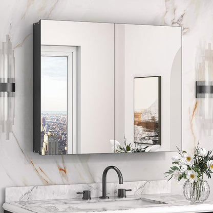 Keonjinn Black Medicine Cabinet with Mirror 30x26 Inch, Adjustable Shelves | Assembly Required, Lightweight Aluminum Frame, Wall Mounted or Recessed, Tempered Glass, Bathroom Mirror with Storage