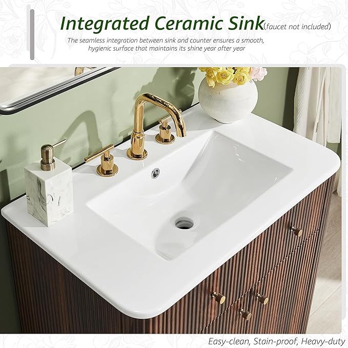 T4TREAM 30 Inch Bathroom Vanity with Sink, Modern Fluted Single Bathroom Vanity with Sink with Storage Cabinet, Adjustable Shelf, Dark Walnut