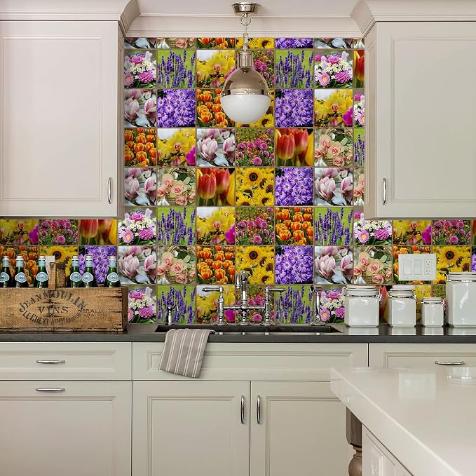 Alwayspon Vinyl Sticker Peel and Stick, Self-Adhesive Wall Tile Transfers Backsplash Sticker Decal for Kitchen Bathroom, 6x6inch/15x15cm 10Pcs, Flowers T039