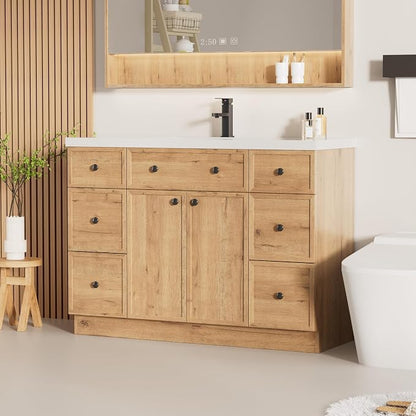 LUCKWIND 48" Farmhouse Bathroom Vanity with Sink Combo, Rustic Modern Bathroom Cabinet with Undermount Solid Surface Single Sink, Soft-Close Hinges & Water-Saving Faucet, Natural