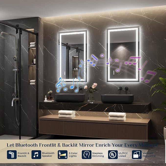 Keonjinn 40 x 24 Inch LED Bathroom Mirror with Lights, Bluetooth Speaker | Frontlit & Backlit Bluetooth Mirror Bathroom, Dimmable 3-Color Lights, HD Tempered Glass, Anti-Fog, CRI90+, Plug-in/Hardwired