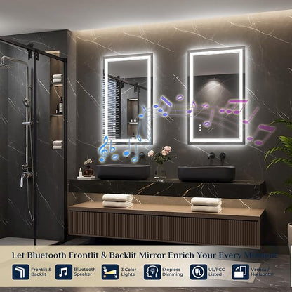 Keonjinn 40 x 24 Inch LED Bathroom Mirror with Lights, Bluetooth Speaker | Frontlit & Backlit Bluetooth Mirror Bathroom, Dimmable 3-Color Lights, HD Tempered Glass, Anti-Fog, CRI90+, Plug-in/Hardwired
