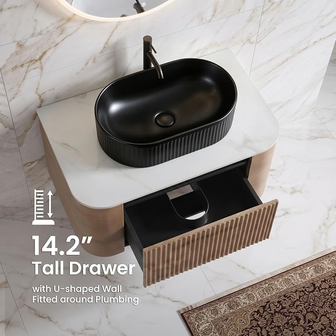 30" Preassembled Floating Bathroom Vanity with Black Sink, Oak | Mid-Century Modern Style, Fluted & Soft-Close Drawer with U-shaped Wall, Sinterted Stone Countertop, Towel Rack Included