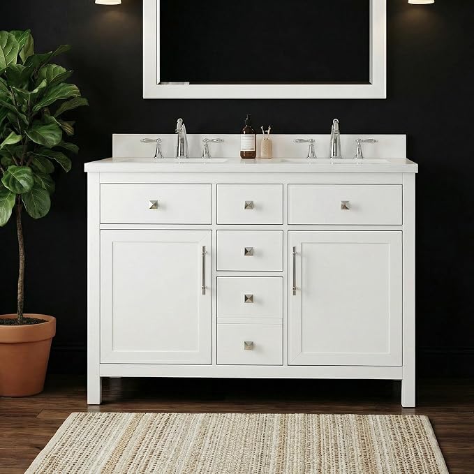 Lavanti Oakford 48 Inch Bathroom Vanity with Sink – Stylish White Vanity Bathroom with Storage Cabinet – Modern Bathroom Vanities with Double Vanity Sink & Quartz Countertop