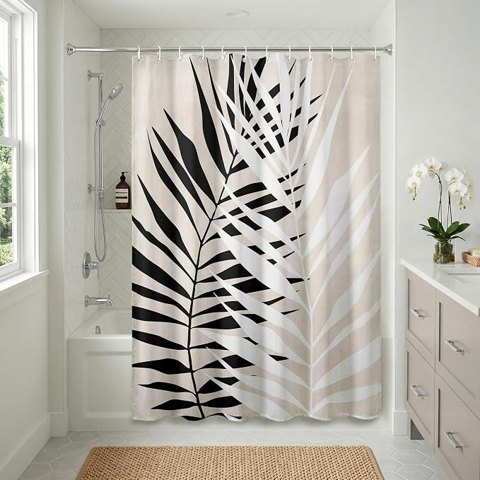 Americanflat 71x74 Botanical Shower Curtain - Water-Resistant Long Shower Curtain with Durable Metal Grommets and 12 Hooks - 100% Polyester - Black, White, and Beige