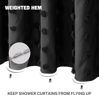 Extra Long Black Boho Shower Curtain Woven Fabric Cute Shower Curtain, 72 x 78 Tufted Pleat Floral Textured Modern Farmhouse Minimalist Shower Curtain Set with Hooks for Bathroom