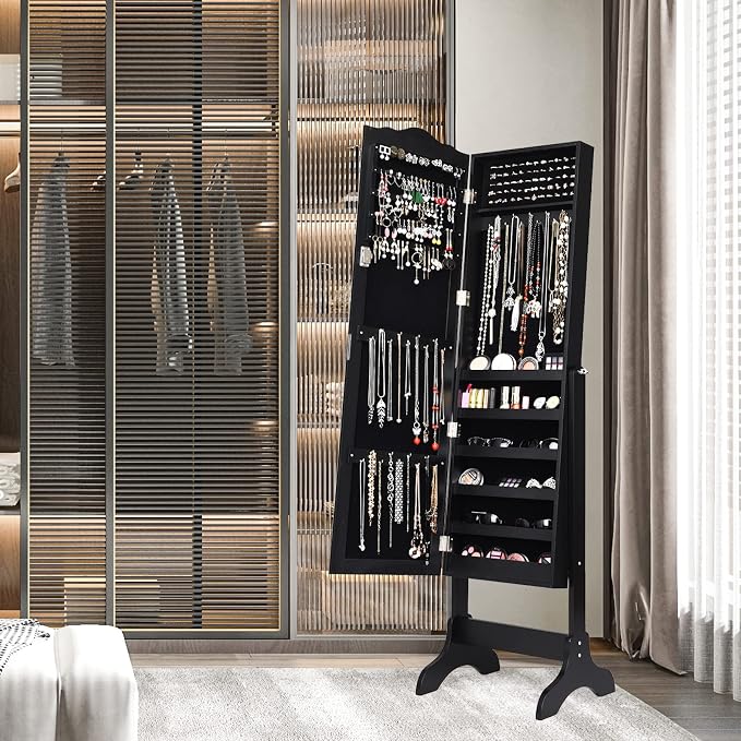 NAFORT Jewelry Armoire, Mirror with Jewelry Storage, Jewelry Organizer, Standing Lockable Jewelry Cabinet with Full Length Mirror, Jewelry Organizer with 2 Drawers, Black
