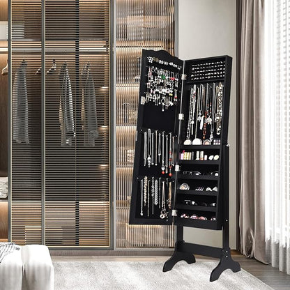 NAFORT Jewelry Armoire, Mirror with Jewelry Storage, Jewelry Organizer, Standing Lockable Jewelry Cabinet with Full Length Mirror, Jewelry Organizer with 2 Drawers, Black