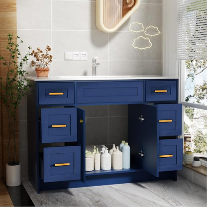 Blue Bathroom Vanity with Sink 48inch | 2 Doors and 6 Drawers | Wood Storage Basin Cabinet with Ceramic Basin for Home and Office