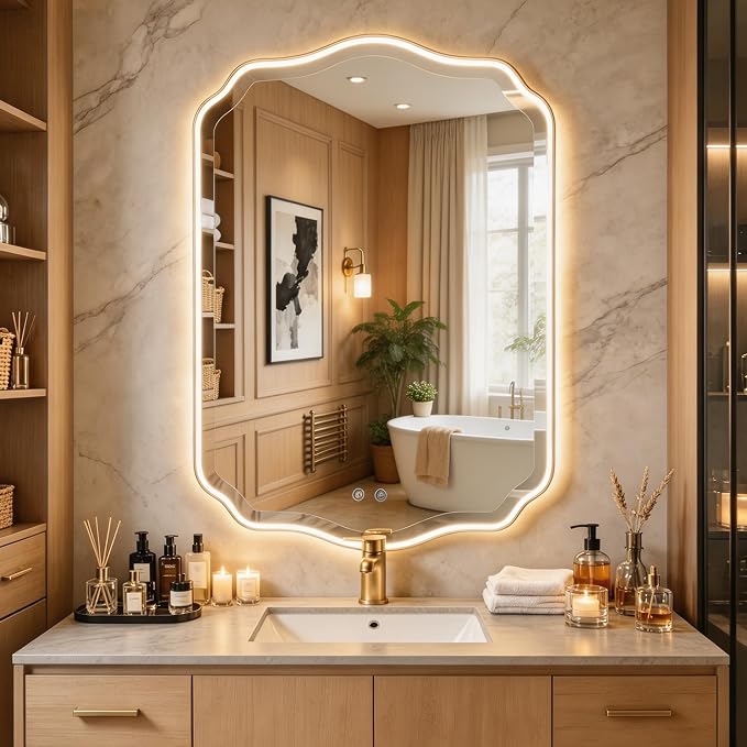 POZINO 36"x24" Scalloped LED Bathroom Mirror with Lights, Gold Metal Frame | Beveled Edge, 3 Color Dimmable, Anti-Fog, Memory Function, IP65 Waterproof, Smart Bathroom Vanity Mirror with Front Lights