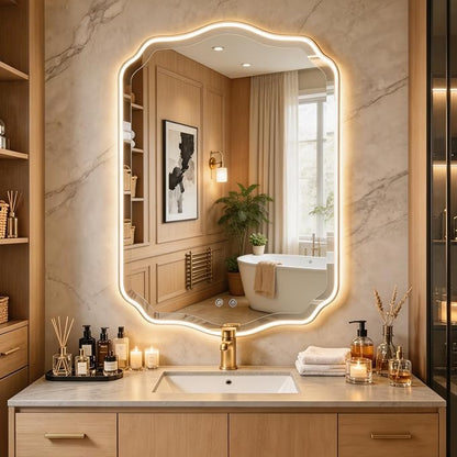 POZINO 36"x24" Scalloped LED Bathroom Mirror with Lights, Gold Metal Frame | Beveled Edge, 3 Color Dimmable, Anti-Fog, Memory Function, IP65 Waterproof, Smart Bathroom Vanity Mirror with Front Lights