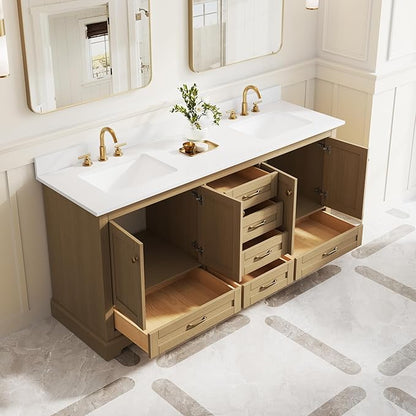 WELLFOR 72 Inch Bathroom Vanity with Double Sinks, Solid Wood Bathroom Vanity W/4 Soft-Close Doors and 6 Drawers, Cultured Marble Countertop Bathroom Vanities W/Two Sinks (Oak)