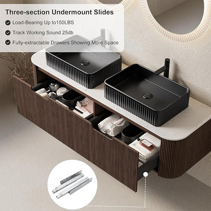 60" Floating Bathroom Vanity with Sink, Wall-Mount Cabinet with 2 Large Storage Drawer, 2 Black Rectangular Ceramic Basins and Marble Top, Soft-Close Design, Dark Walnut