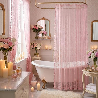 WAZZIO Pink Lace Shower Curtain - Vintage Pretty Pastel Girl Floral Shower Curtain Girly, Cute Coquette Tassel Princess Bath Curtains for Bathroom, 72 x 72 Inch, 1 Panel