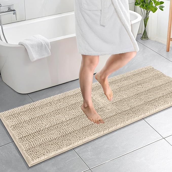 OLANLY Thick Bathroom Runner Rugs 59x20, Soft Chenille Long Bath Rugs, Sand | Absorbent Striped, Rubber Backing, Machine Wash, Bath Mats for Bathroom Floor, Tub and Shower, Home Decor Accessories