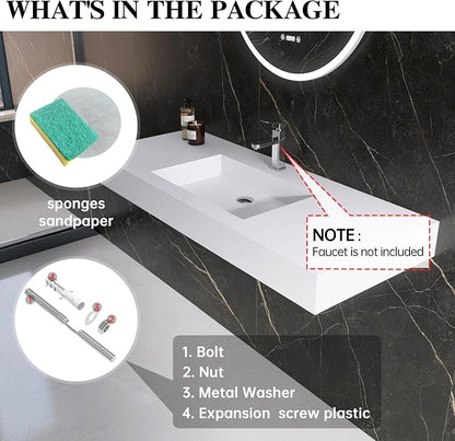 47" Wall Mount Sink, Artificial Stone Bathroom Sink, Single Hole | Matte Bathroom Vanity Vessel Sinks Rectanglee Indoor Modern Floating or Countertop Freestanding Wall Hang Sink Bowl