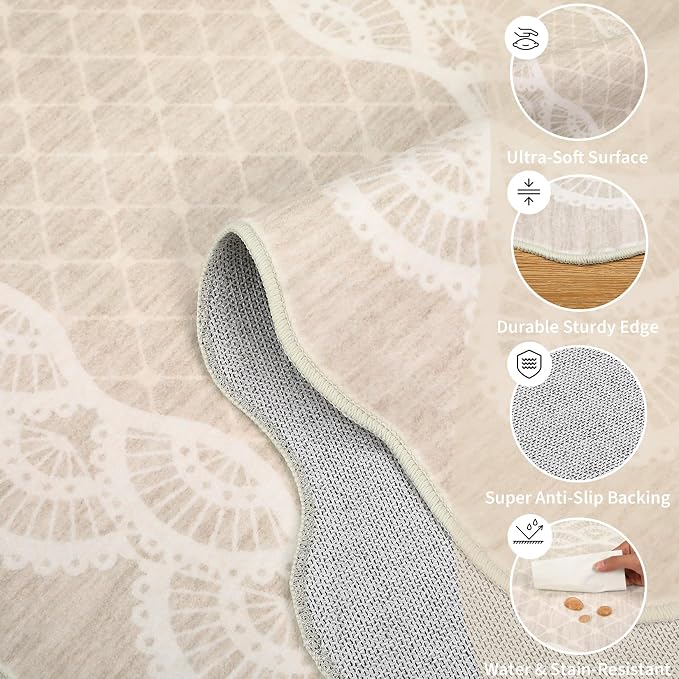 GarveeHome Scalloped Washable 8x10 Rugs for Living Room, Large Modern Bedroom Carpet with Non-Slip Backing, Non Shedding Low Pile Neutral Rug, Washable Scalloped Carpet for Farmhouse, Beige