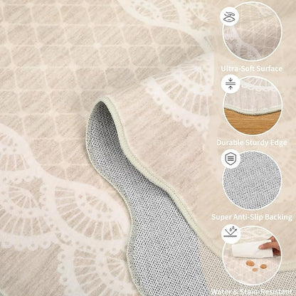 GarveeHome Scalloped Washable 8x10 Rugs for Living Room, Large Modern Bedroom Carpet with Non-Slip Backing, Non Shedding Low Pile Neutral Rug, Washable Scalloped Carpet for Farmhouse, Beige
