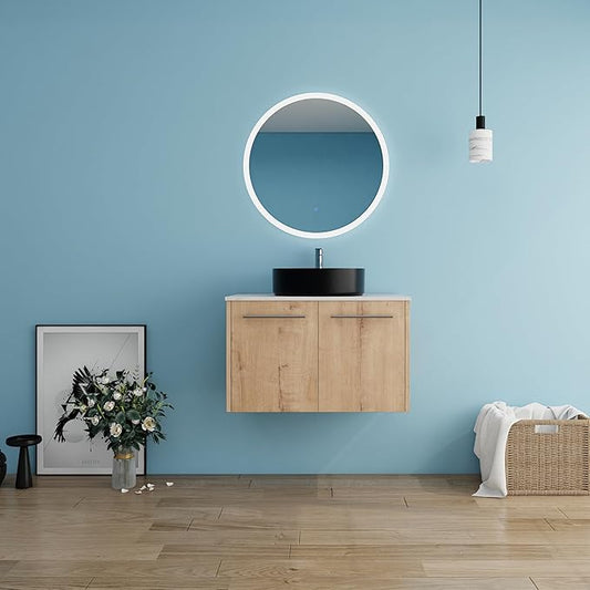 30" Floating Vanity with Sink, 30 Inch Bathroom Vanity with Sink, Modern Plywood Floating Cabinet with Sintered Stone Countertop and Black Ceramic Basin, Soft Close Doors