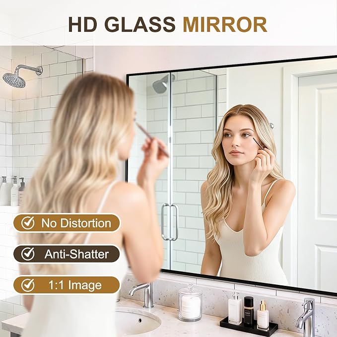 Rectangular Bathroom Mirror, 48"x30" Black Metal Framed Vanity Mirror | HD Shatterproof Wall Mirror, Horizontal or Vertical Hanging, Easy Installation for Bathroom, Bedroom, Living Room, Entryway