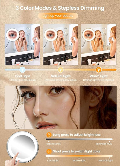 10x Makeup Mirror with Lights, Flexible Magnifying Mirror 3 Light Modes | Wall-Mounted Lighted Vanity Makeup Mirror, Cordless Battery Operated LED Mirror with Suction Cups for Shower Bathroom