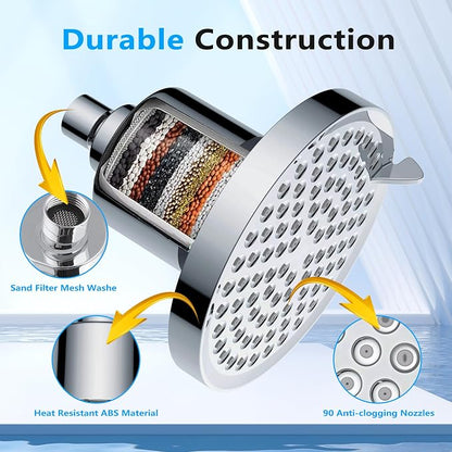 Filtered Shower Head for Hard Water: High Pressure Rainfall Showerhead for Low Water Flow - 7 Spray Modes Anti-Clog Nozzles & Tool-Free Install for Bathroom