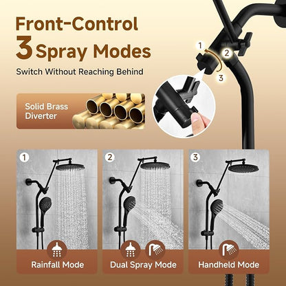 BRIGHT SHOWERS Rain Shower System with Handheld, High Pressure Dual Shower Head Combo, 9-Spray Modes, Adjustable Slide Bar & Extension Arm, 3-Way Diverter, Built-in Power Wash, 69" Hose, Matte Black