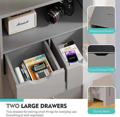 Vongrasig Bathroom Storage Cabinet, 42.5" H Freestanding Floor Cabinet | Wooden Modern Cabinet with 2 Drawers, Open Shelf and Adjustable Shelf for Bathroom, Laundry Room and Entryway, Grey