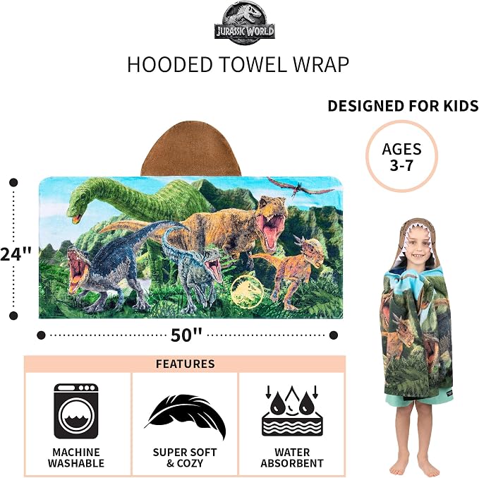 Jurassic World Dominion Soft Bath/Pool/Beach Cotton Terry Hooded Towel Wrap, 24 Inches x 50 Inches, By Franco Kids