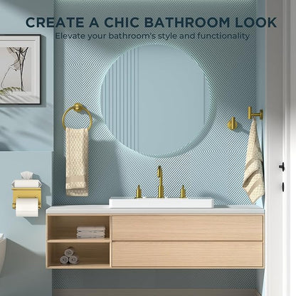 FORIOUS Bathroom Accessories, 5-Piece Bathroom Hardware Set - 24" Towel Bar | Brushed Gold | Towel Hooks, Towel Racks for Bathroom, Toilet Paper Holder With Shelf & Towel Ring | SUS304 Stainless Steel