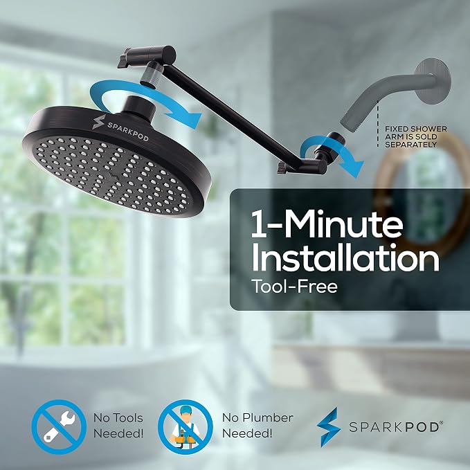SparkPod 6" Round Rain Shower Head with 11" Shower Arm | Shower Head & Extension Arm Combo, Height Adjustable, High Pressure Performance, Easy 1-Minute Installation,Oil-Rubbed Bronze