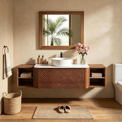 60 Inch Modern Bathroom Vanity with Ceramic Sink, Floating Bathroom Sink Cabinet with Sintered Stone Top&Solid Wood Hammered Frame, Single Bathroom Vanities w/Soft-Close Drawer&2 Side Open Cube