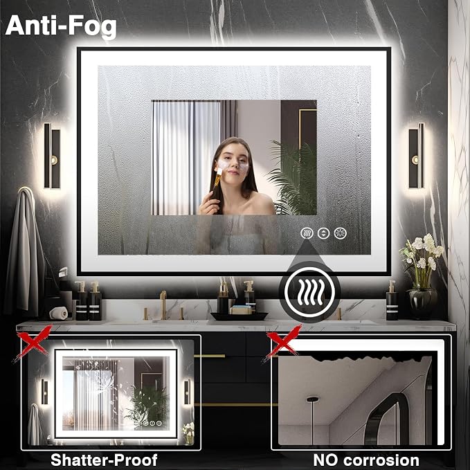EchosLife 40x36 LED Bathroom Vanity Mirrors - Black Aluminum Edge | Black Frame, Front and Backlit, Anti-Fog, Stepless Dimmable, 3 Colors, Memory, Tempered Glass, UL Listed, Horizontal/Vertical