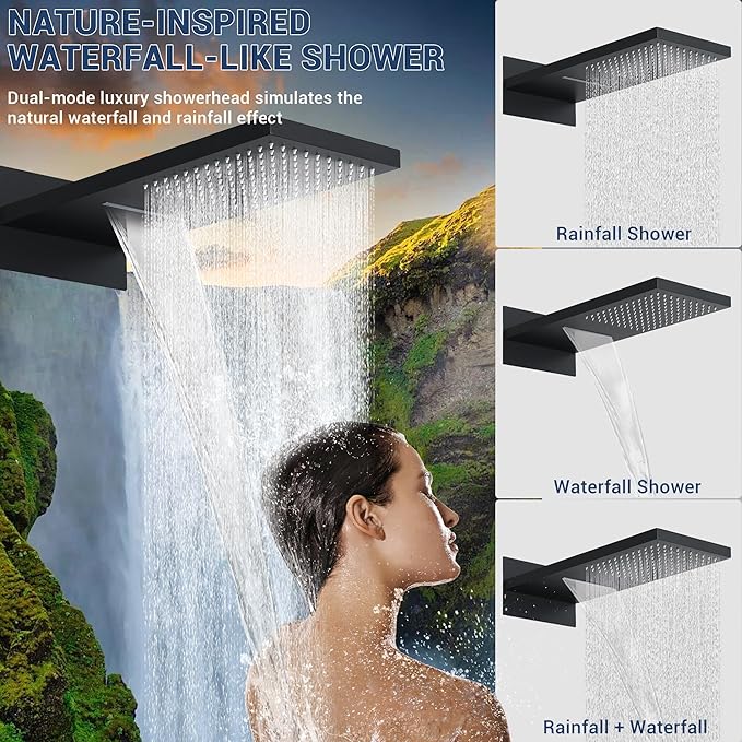Luxury Thermostatic Rain & Waterfall Shower System with 22” Rain Shower Head & 6 Body Jets, Wall Mounted Shower Faucet Sets with Handheld Sprayer, 3/4” Inlet Thermostatic Valve