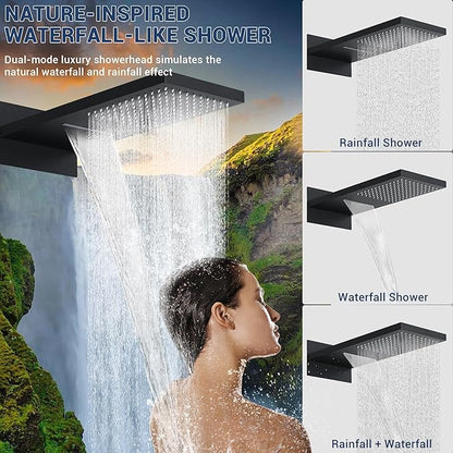 Luxury Thermostatic Rain & Waterfall Shower System with 22” Rain Shower Head & 6 Body Jets, Wall Mounted Shower Faucet Sets with Handheld Sprayer, 3/4” Inlet Thermostatic Valve