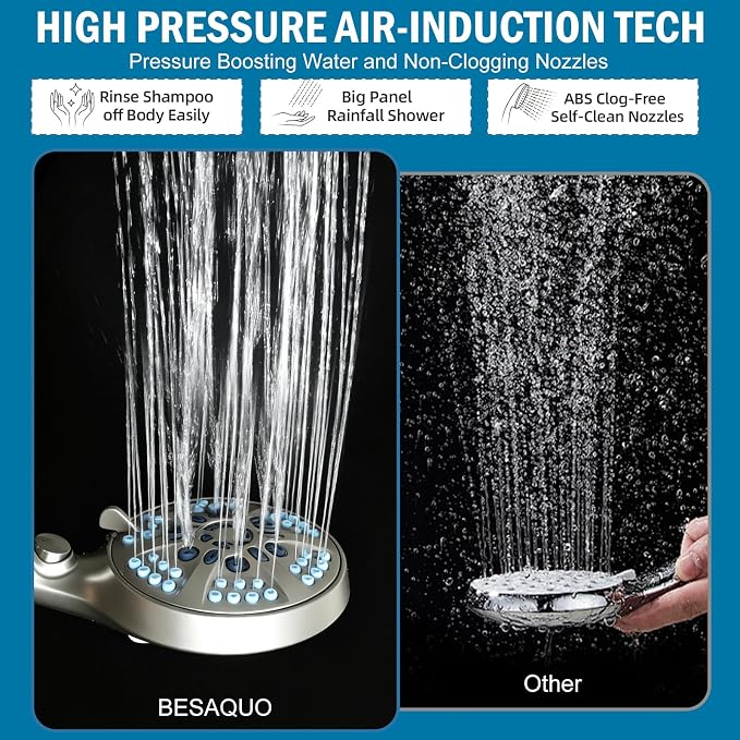 9 Settings Filtered Shower head with Handheld with Power Wash | Hard Water Softener,Remove Chlorine Power Wash for Tub&Tile,ON/OFF Button,6ft Hose&Bracket,Filtered Shower Head, Satin Nickel