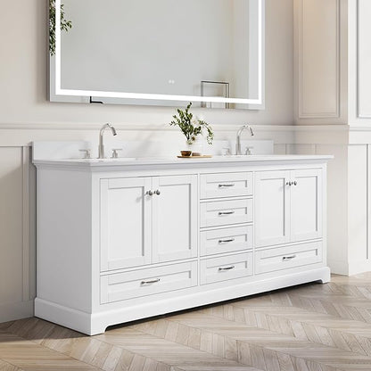 WELLFOR 80 Inch Bathroom Vanity with Double Sinks, Solid Wood Bathroom Vanity W/4 Soft-Close Doors and 6 Drawers, Cultured Marble Countertop Bathroom Vanities W/Sinks, White