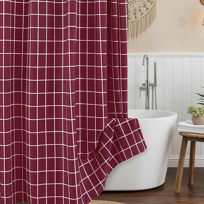 Fabric Farmhouse Shower Curtain-Cloth Extra Long Shower Curtains Bathroom | 72"Wx84"L Faux Linen Burgundy Grid Minimalist Simple Rustic Neutral Shower Curtain-Geometric Plaid Washable Hotel Quality