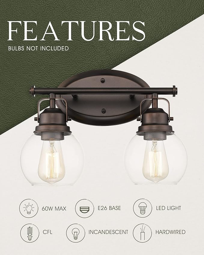 Farmhouse Vintage Bathroom Light Fixtures, 2-Light Wall Mount Lighting Sconce Over Mirror, Oil Rubbed Bronze Vanity Lights with Globe Clear Glass, AD-2147-2W