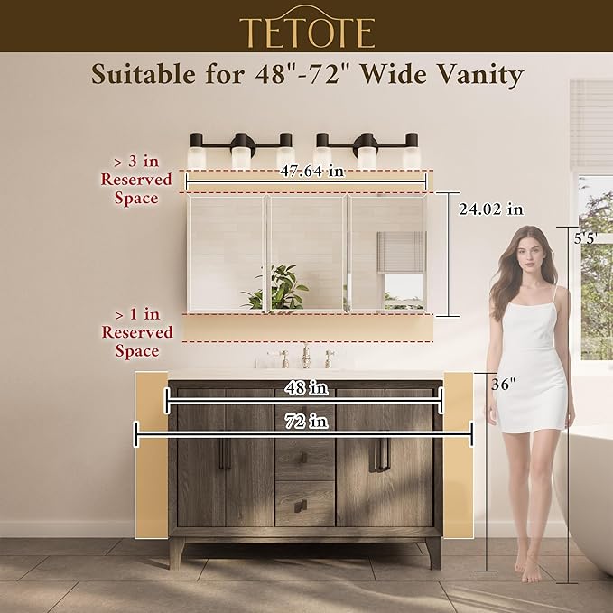 TETOTE 48 x 26 Medicine Cabinet with Tempered Beveled MirrorWhiteMedicine Cabinet Mirror Aluminum Cabinet DTC Hinges, Stepless Adjustable Shelves, Recessed/Surface-Mounted